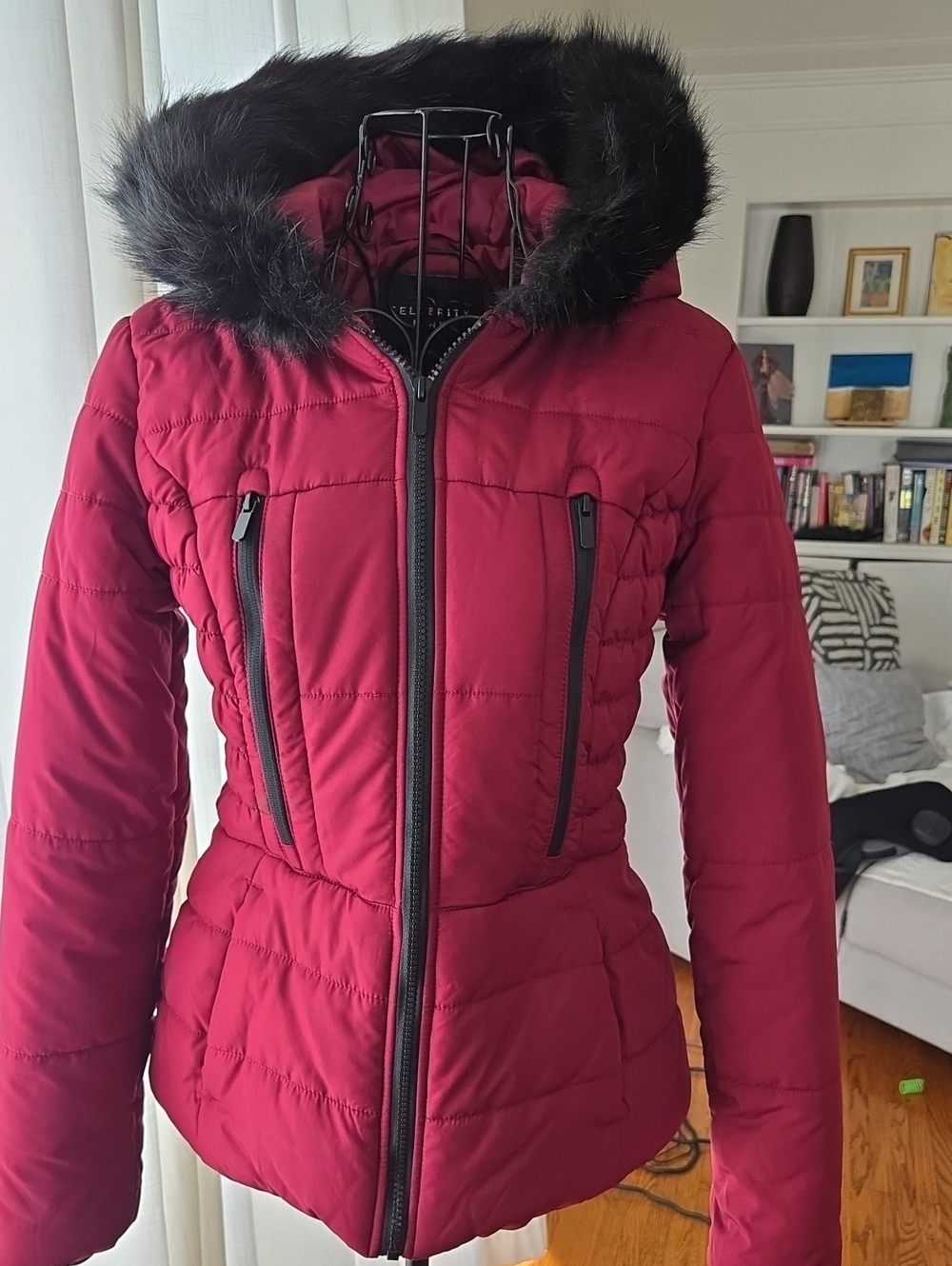 Celebrity Pink Women's Red Quilted Hooded Puffer with Faux Fur Trim